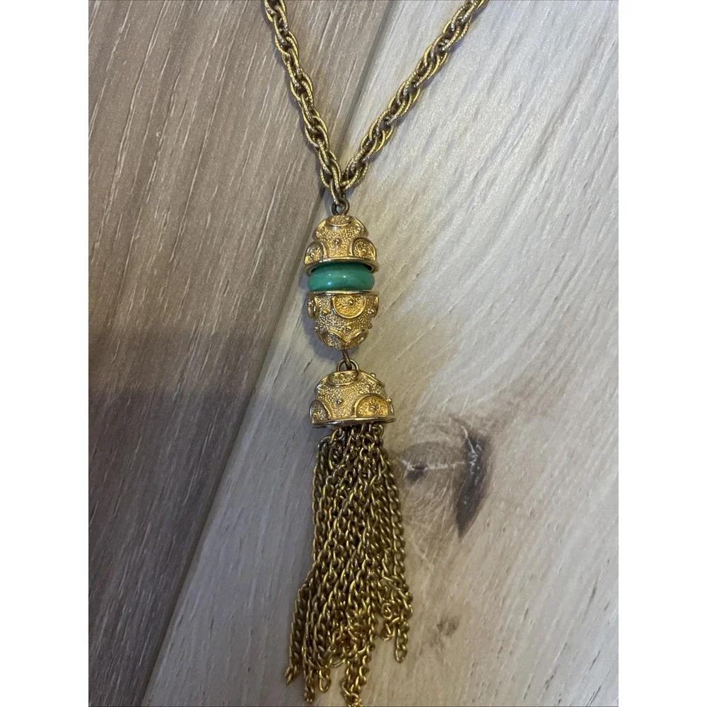 Vintage Tacoa‎ Gold Tone Necklace with Tassel Pendant 18 inch Green Enamel